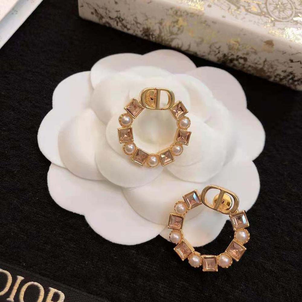 Dior Women Petit CD Earrings Bronze-Finish Metal with White Resin Pearls and Light Pink Crystals (10)