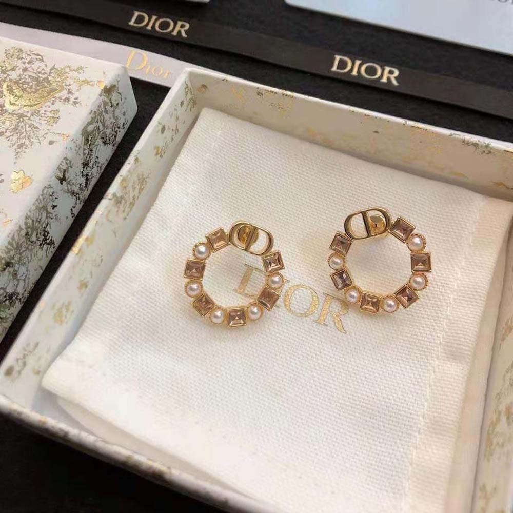 Dior Women Petit CD Earrings Bronze-Finish Metal with White Resin Pearls and Light Pink Crystals (3)