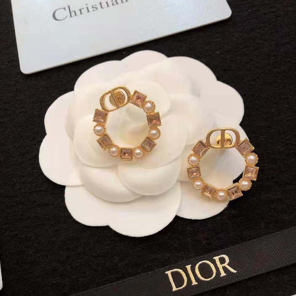 Dior Women Petit CD Earrings Bronze-Finish Metal with White Resin Pearls and Light Pink Crystals (4)