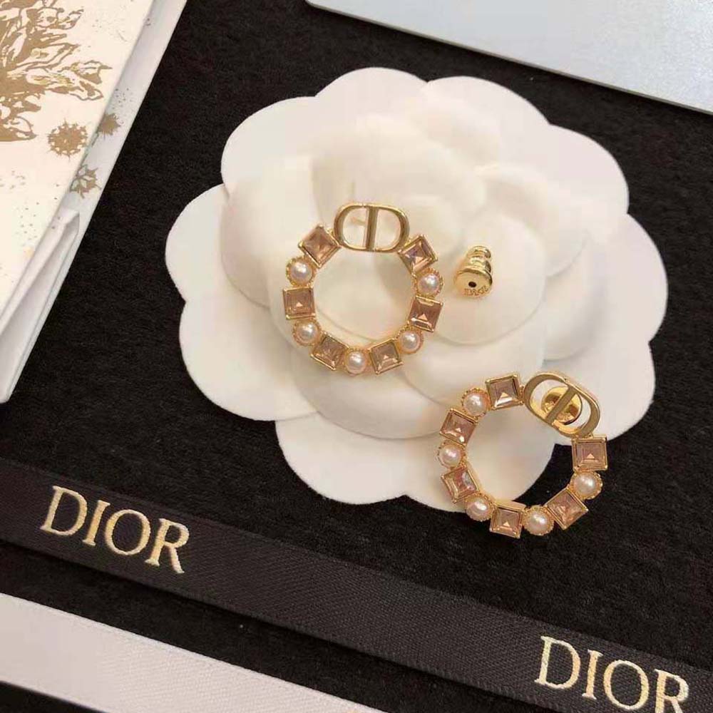 Dior Women Petit CD Earrings Bronze-Finish Metal with White Resin Pearls and Light Pink Crystals (5)