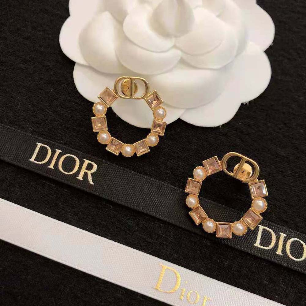 Dior Women Petit CD Earrings Bronze-Finish Metal with White Resin Pearls and Light Pink Crystals (6)