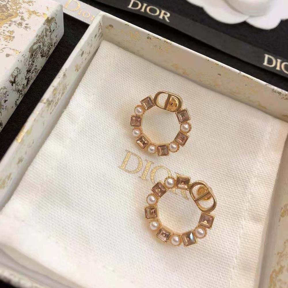 Dior Women Petit CD Earrings Bronze-Finish Metal with White Resin Pearls and Light Pink Crystals (7)