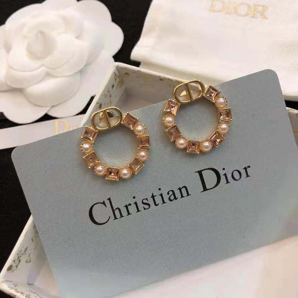 Dior Women Petit CD Earrings Bronze-Finish Metal with White Resin Pearls and Light Pink Crystals (9)