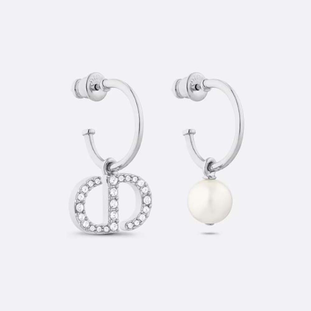 Dior Women Petit CD Earrings Silver-Finish Metal with a White Resin Pearl and Silver-Tone Crystals