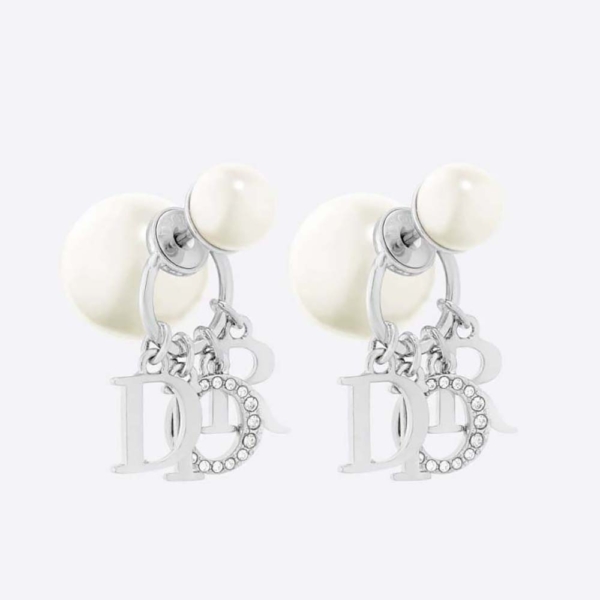Dior Women Tribales Earrings Silver-Finish Metal with White Resin Pearls and White Crystals (1)