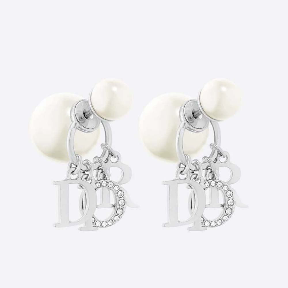 Dior Women Tribales Earrings Silver-Finish Metal with White Resin Pearls and White Crystals