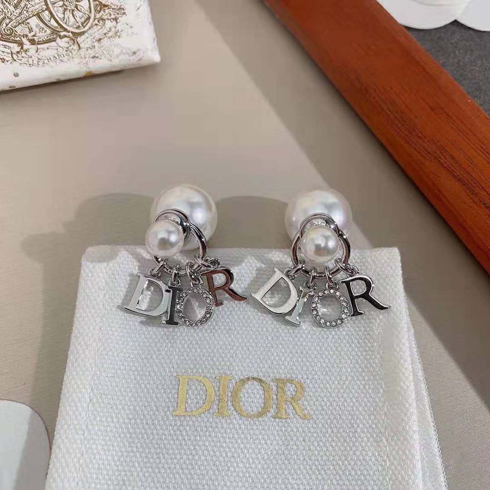 Dior Women Tribales Earrings Silver-Finish Metal with White Resin Pearls and White Crystals (2)