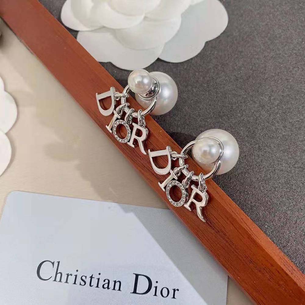 Dior Women Tribales Earrings Silver-Finish Metal with White Resin Pearls and White Crystals (5)