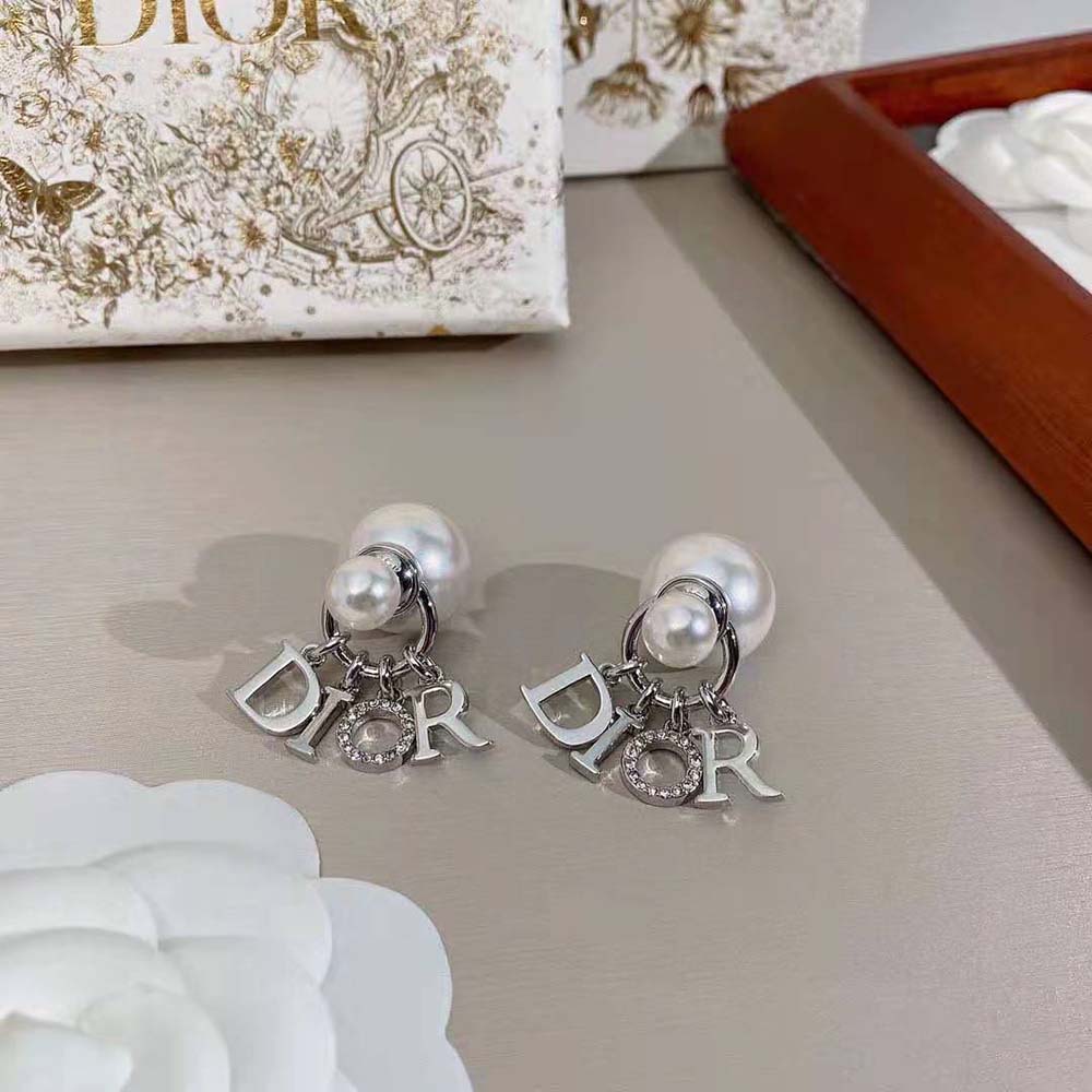 Dior Women Tribales Earrings Silver-Finish Metal with White Resin Pearls and White Crystals (6)