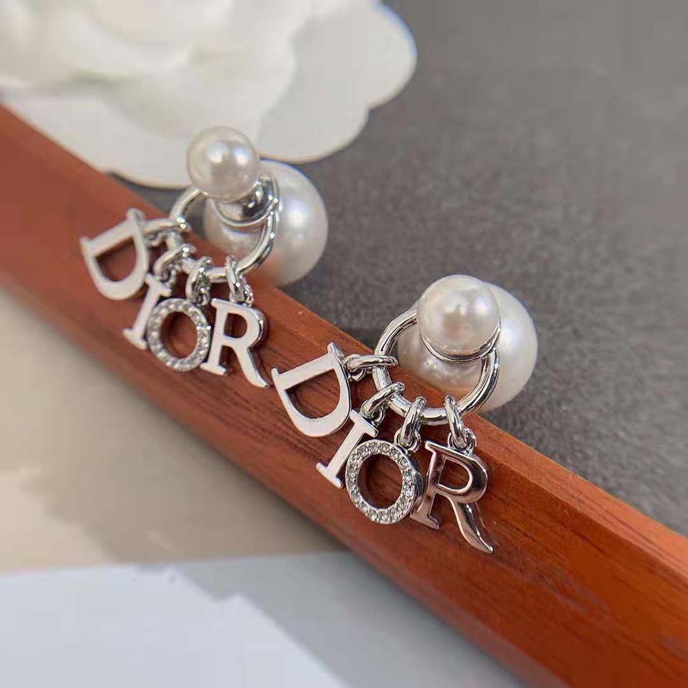 Dior Women Tribales Earrings Silver-Finish Metal with White Resin Pearls and White Crystals (7)