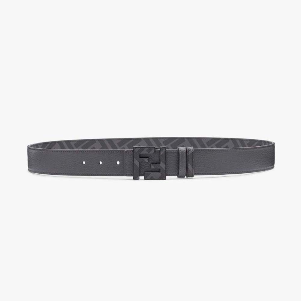 Fendi Men Gray Leather Belt with FF Buckle with Stud Closure