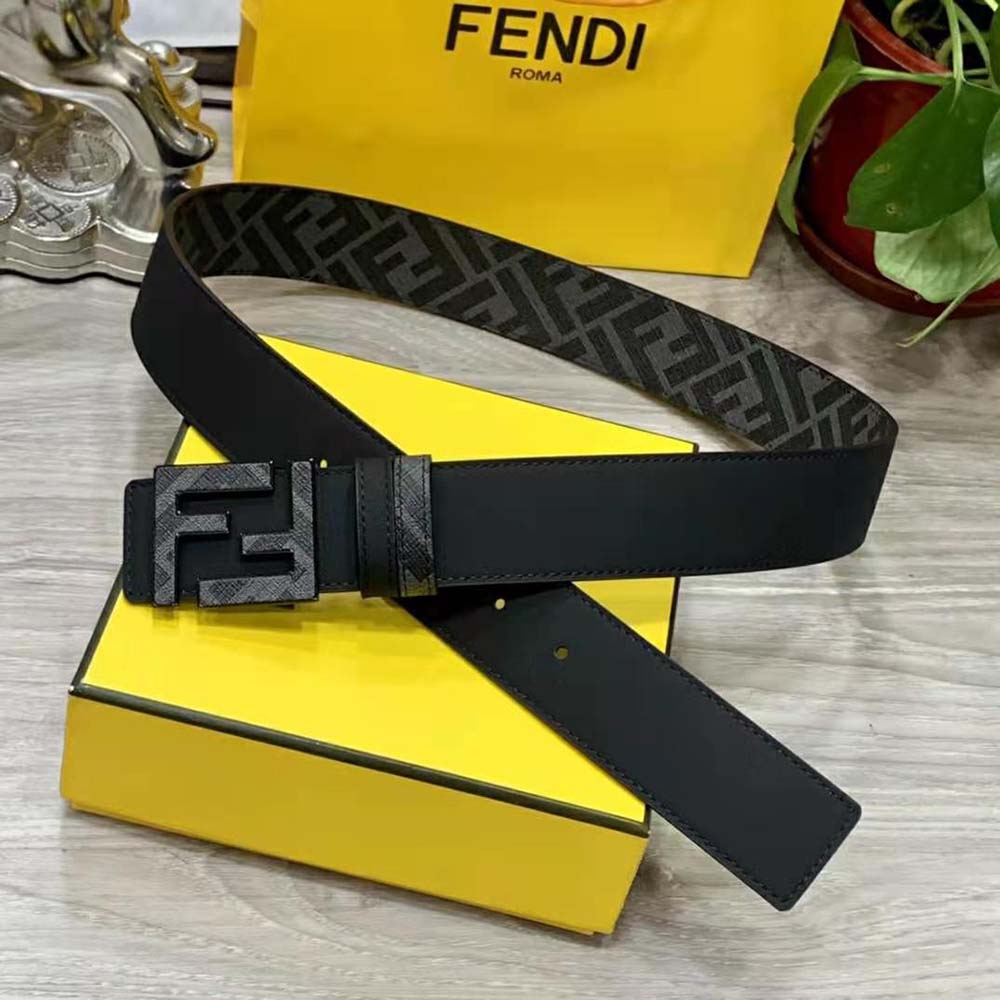 Fendi Men Gray Leather Belt with FF Buckle with Stud Closure (2)