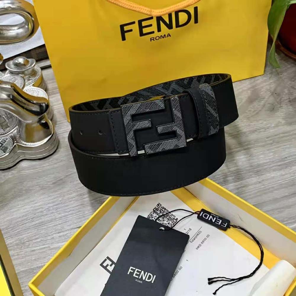 Fendi Men Gray Leather Belt with FF Buckle with Stud Closure (3)