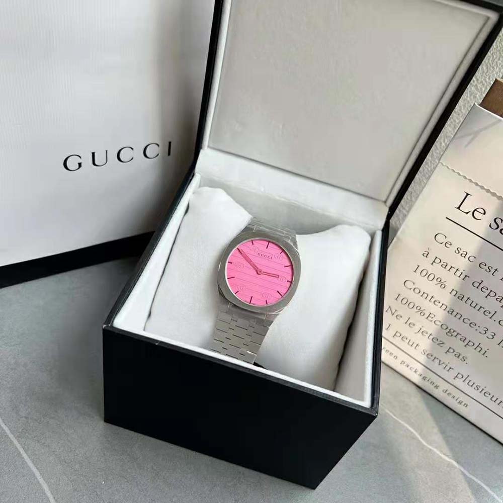 Gucci Women 25H Watch Quartz Movement 38 mm in Stainless Steel-Pink (2)