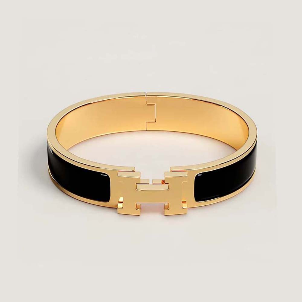 Hermes Women Clic H Bracelet in Enamel with Gold-plated Hardware-Black