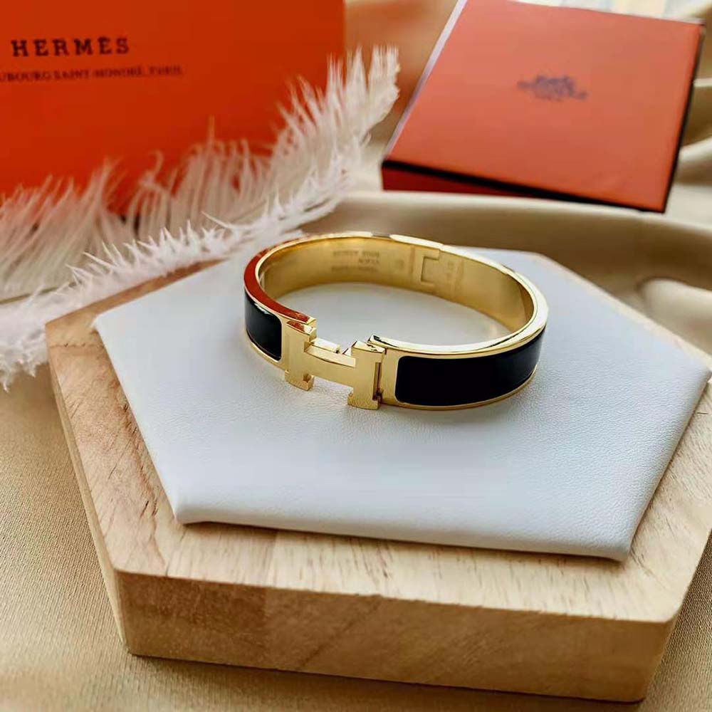 Hermes Women Clic H Bracelet in Enamel with Gold-plated Hardware-Black (2)