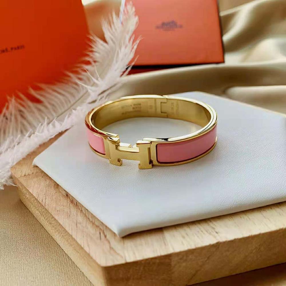 Hermes Women Clic H Bracelet in Enamel with Gold-plated Hardware-Pink (5)