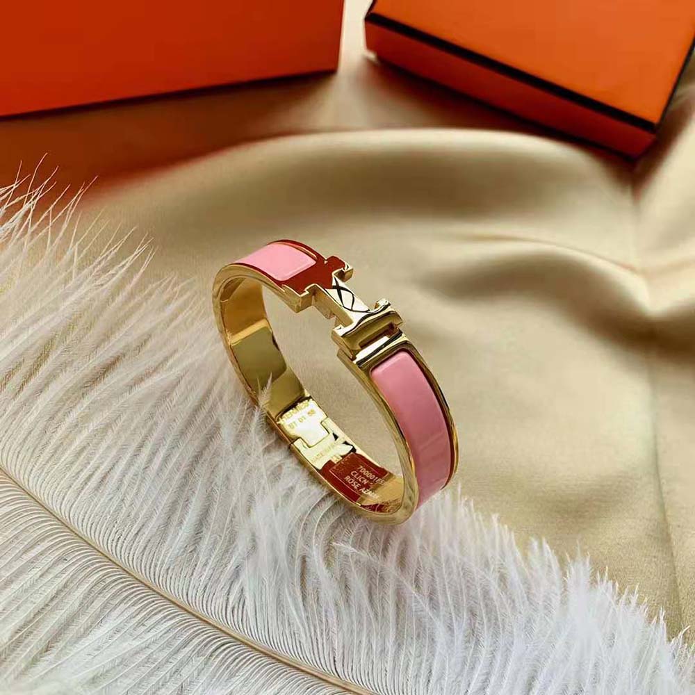 Hermes Women Clic H Bracelet in Enamel with Gold-plated Hardware-Pink (8)