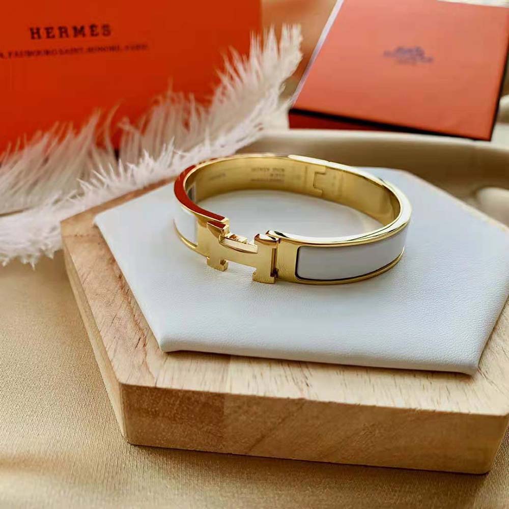 Hermes Women Clic H Bracelet in Enamel with Gold-plated Hardware-White (7)