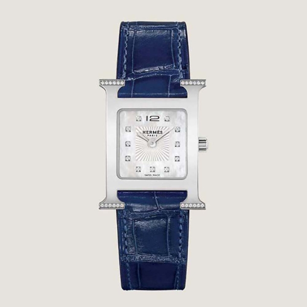 Hermes Women Heure H Watch Small Model Quartz Movement 25 mm in Diamond-set Steel-Navy (1)