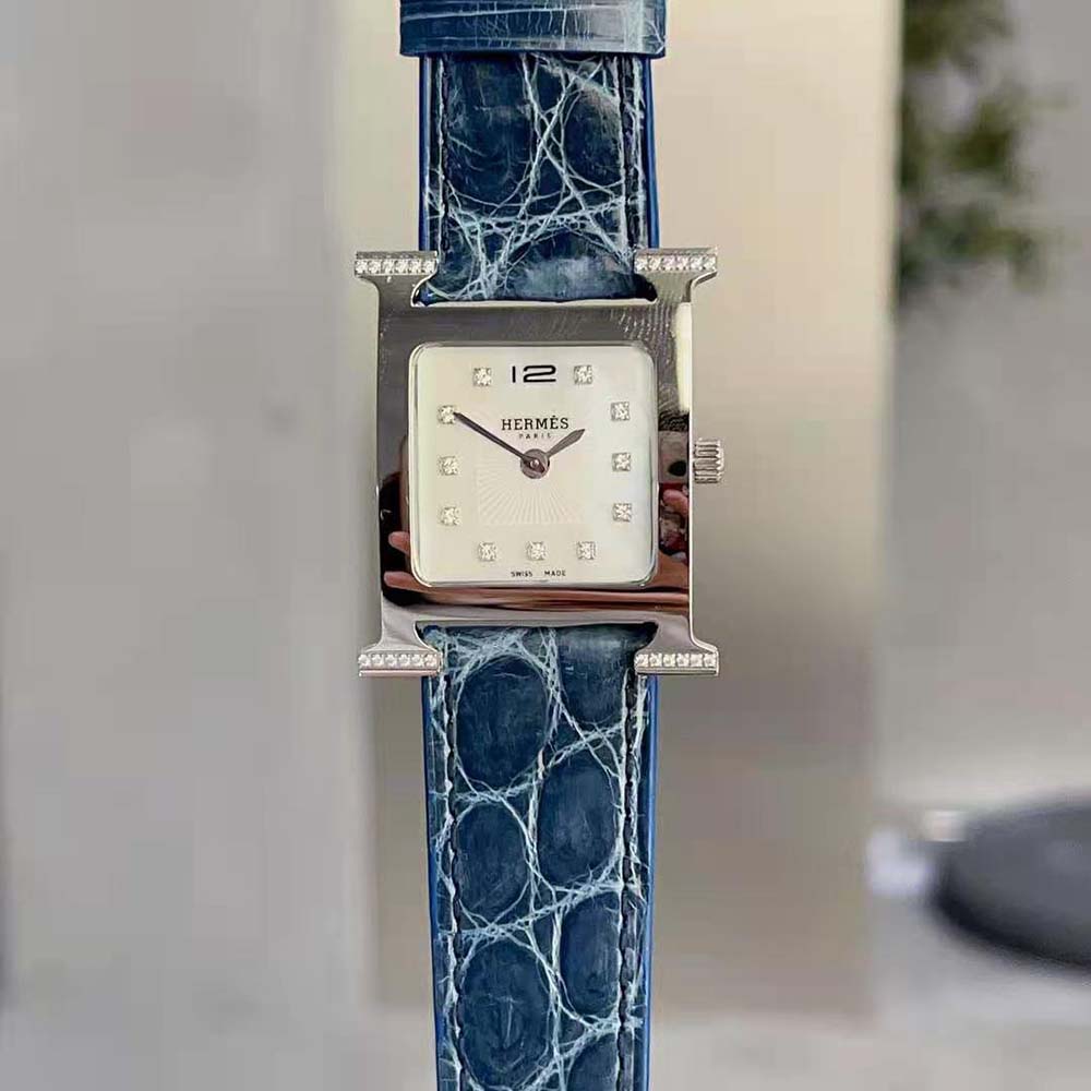 Hermes Women Heure H Watch Small Model Quartz Movement 25 mm in Diamond-set Steel-Navy (3)