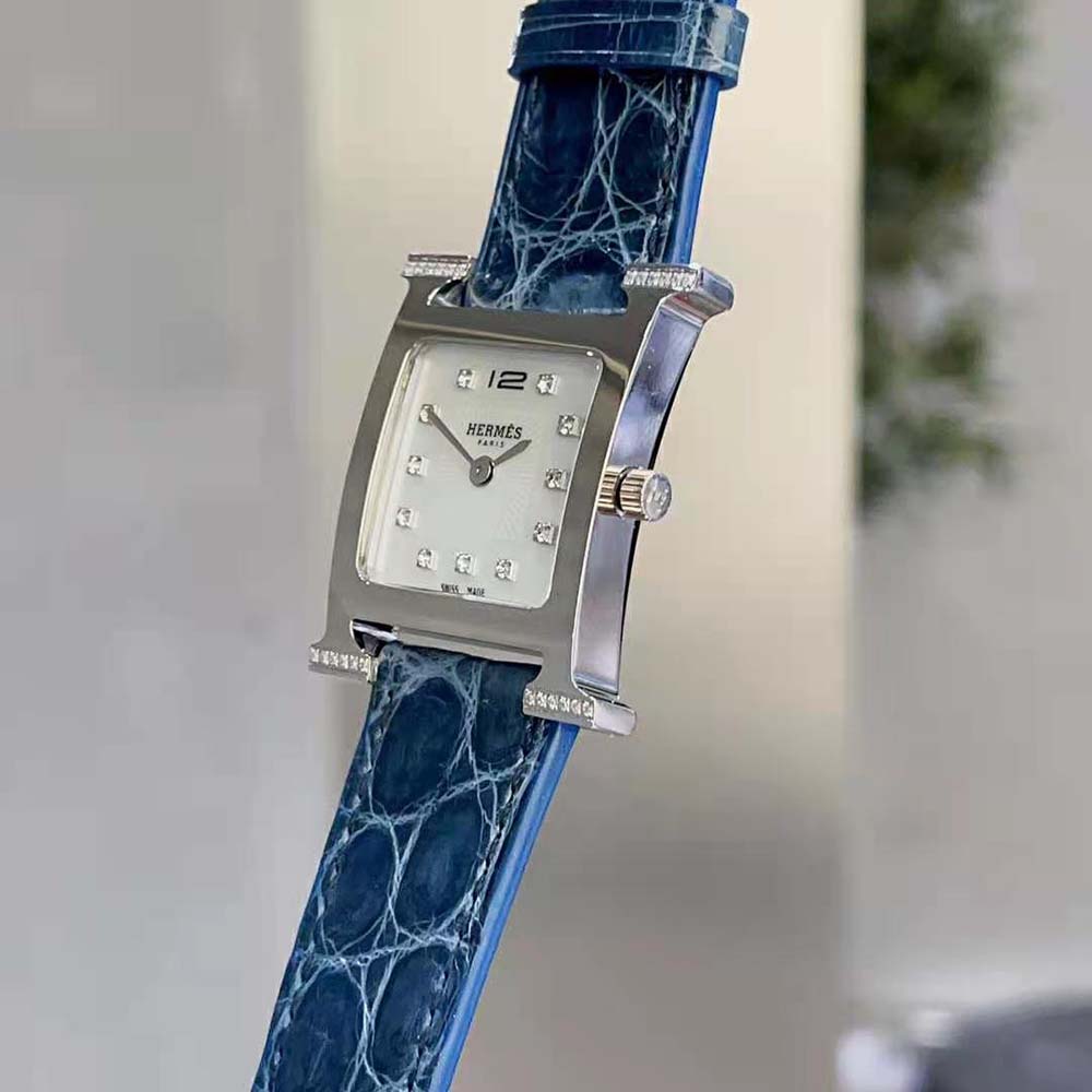 Hermes Women Heure H Watch Small Model Quartz Movement 25 mm in Diamond-set Steel-Navy (5)