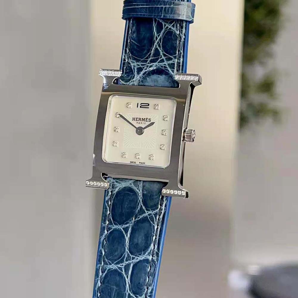 Hermes Women Heure H Watch Small Model Quartz Movement 25 mm in Diamond-set Steel-Navy (7)