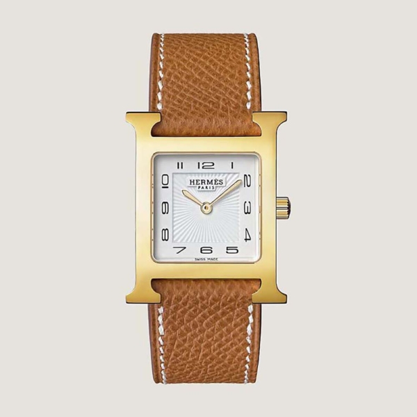Hermes Women Heure H Watch Small Model Quartz Movement 25 mm in Yellow Gold-Plated Steel-Brown (1)