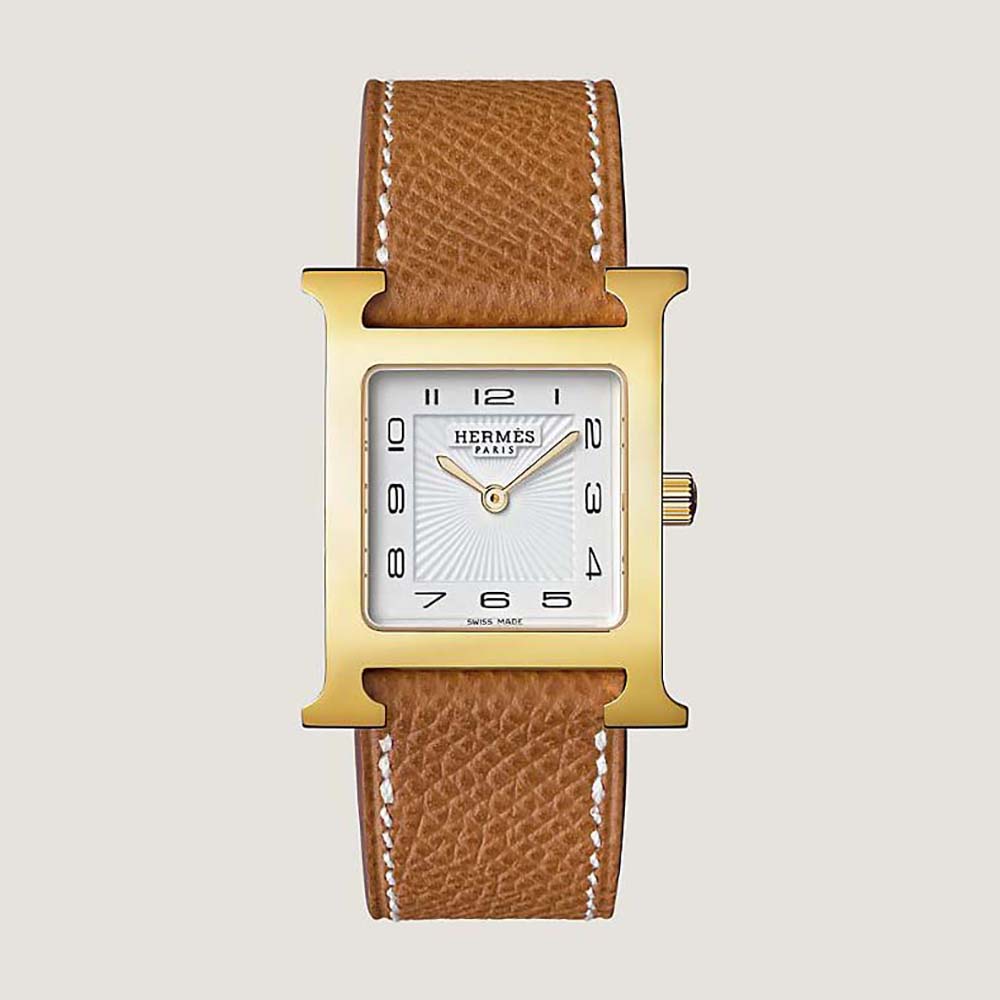 Hermes Women Heure H Watch Small Model Quartz Movement 25 mm in Yellow Gold-Plated Steel-Brown (1)