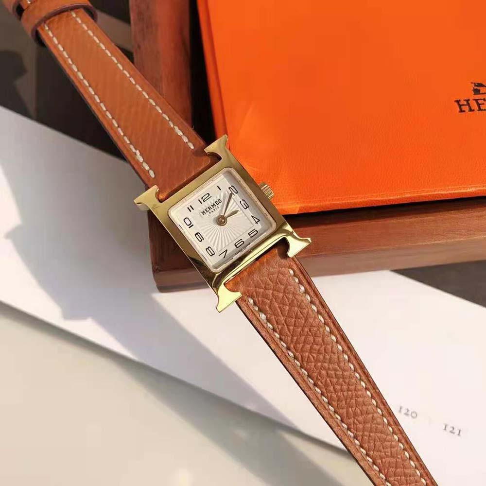 Hermes Women Heure H Watch Small Model Quartz Movement 25 mm in Yellow Gold-Plated Steel-Brown (2)