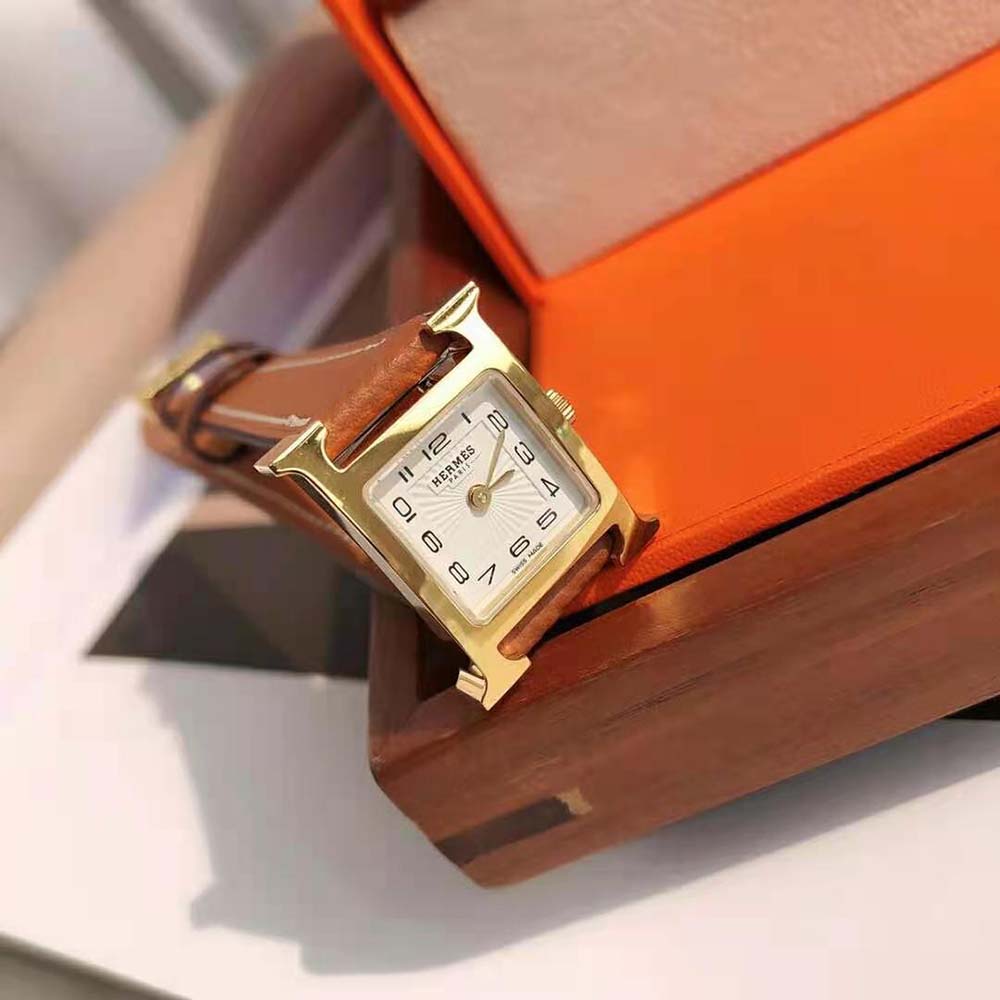 Hermes Women Heure H Watch Small Model Quartz Movement 25 mm in Yellow Gold-Plated Steel-Brown (4)