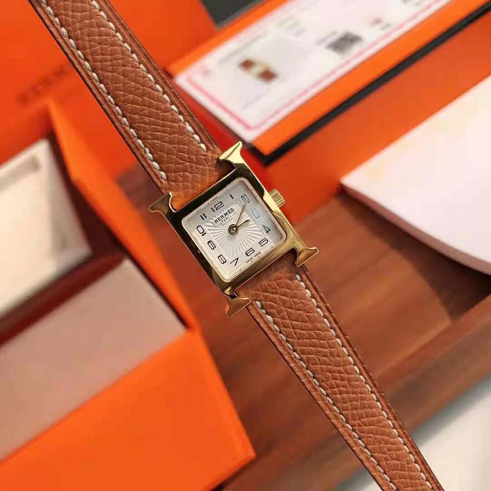 Hermes Women Heure H Watch Small Model Quartz Movement 25 mm in Yellow Gold-Plated Steel-Brown (5)