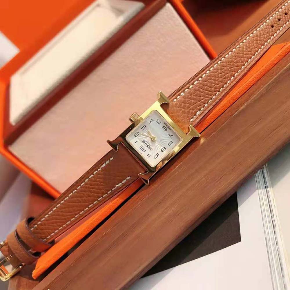 Hermes Women Heure H Watch Small Model Quartz Movement 25 mm in Yellow Gold-Plated Steel-Brown (6)