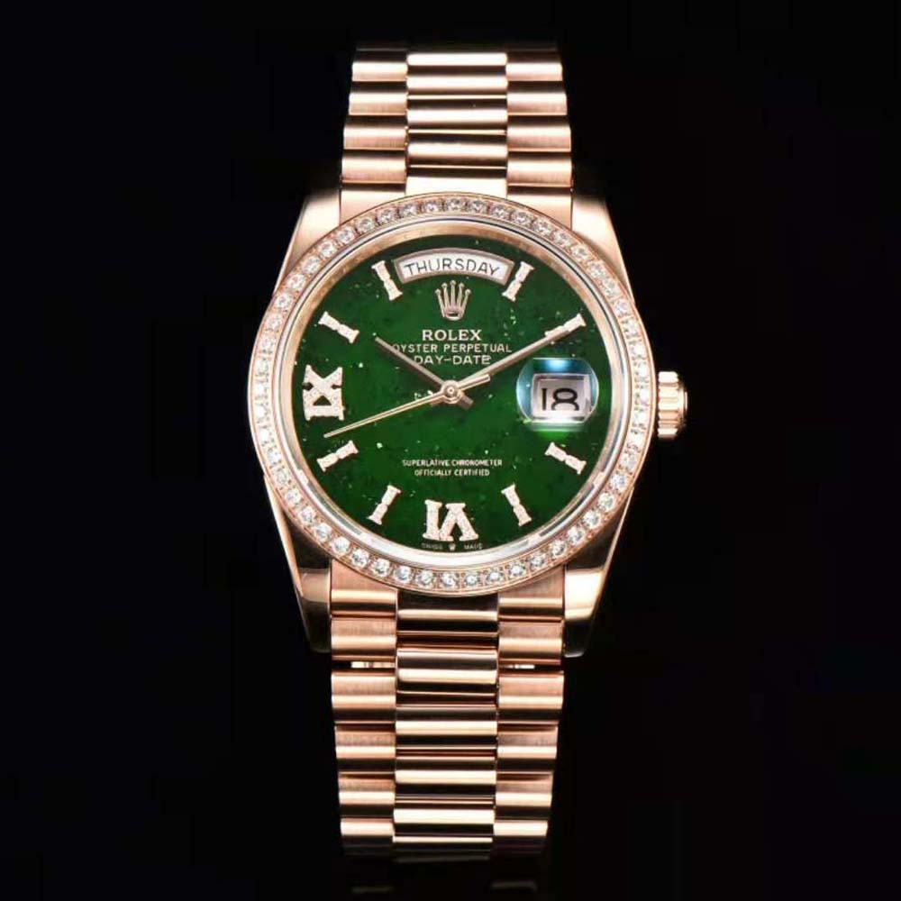 Rolex Men More Day-Date Technical Details Oyster 36 mm in Everose Gold-Green (2)