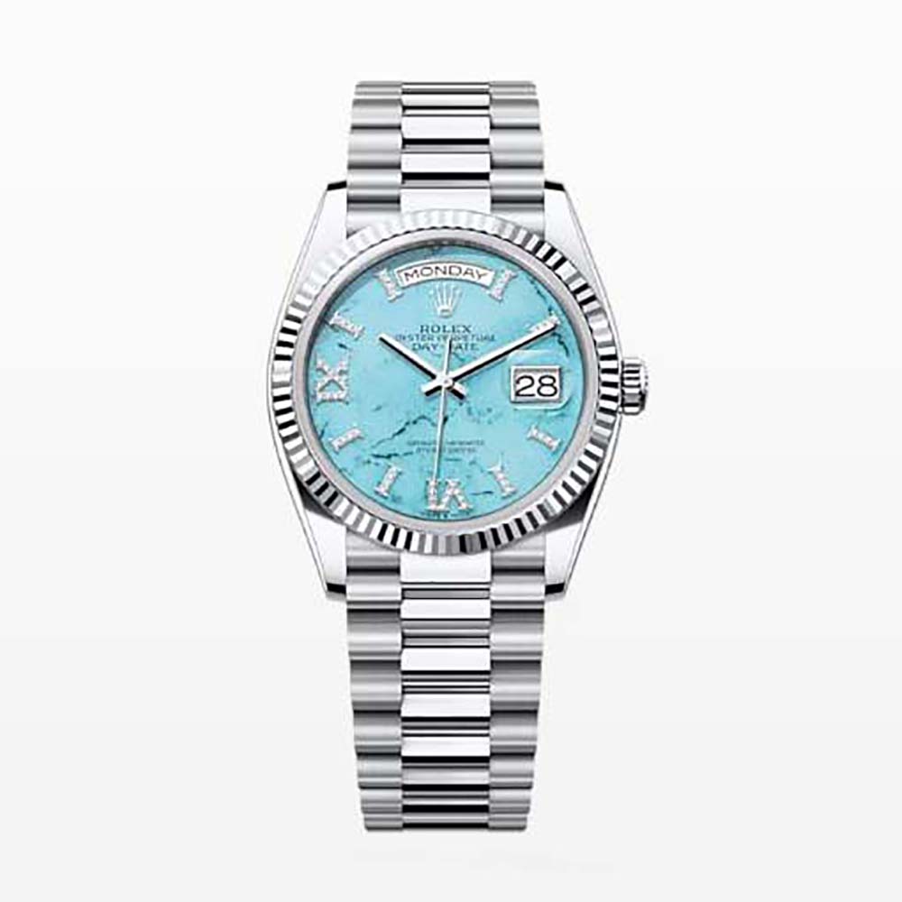 Rolex Women More Day-Date Technical Details Oyster 36 mm in Platinum-Blue