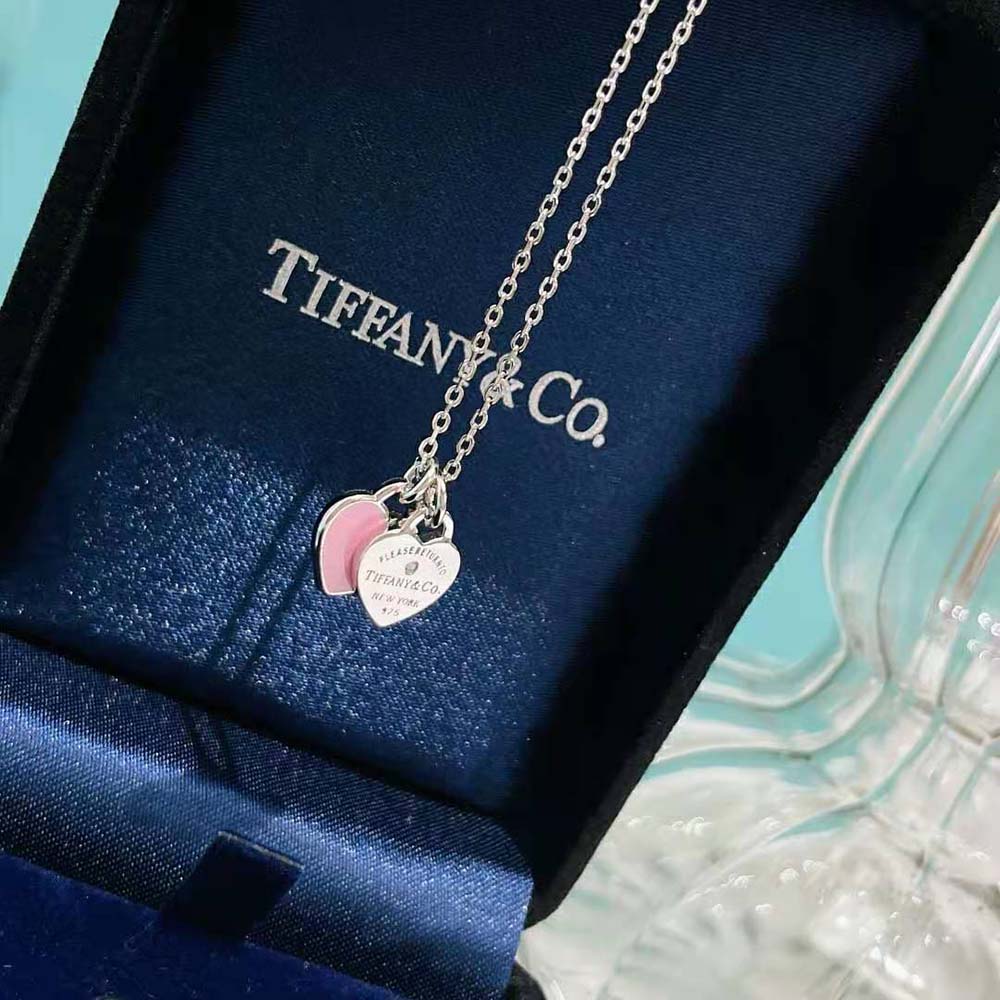 Tiffany Women Pink Double Heart Tag Pendant in Silver Mini (2)