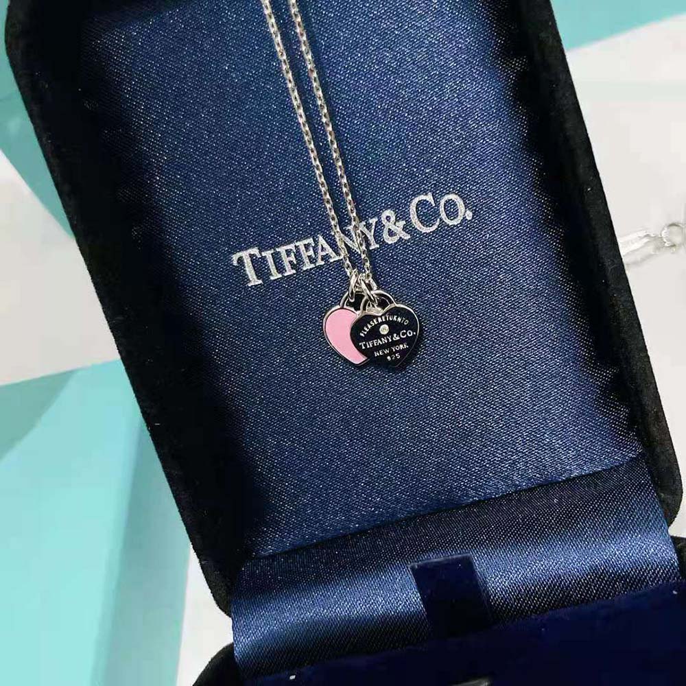 Tiffany Women Pink Double Heart Tag Pendant in Silver Mini (4)