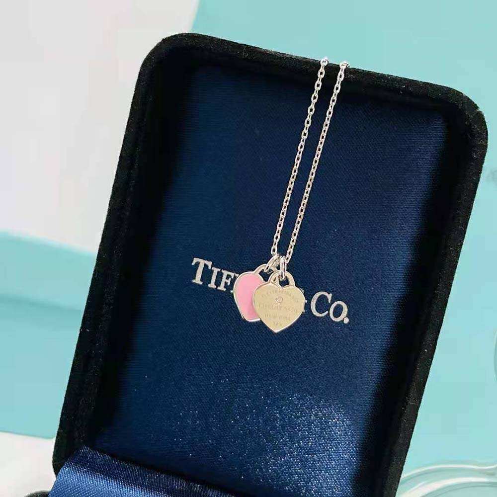 Tiffany Women Pink Double Heart Tag Pendant in Silver Mini (5)