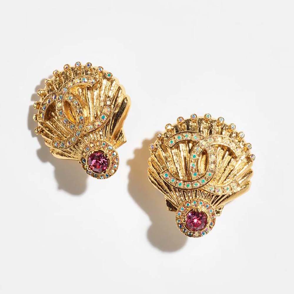 Chanel Women Clip-on Earrings in Gold Pink & Iridescent Crystal
