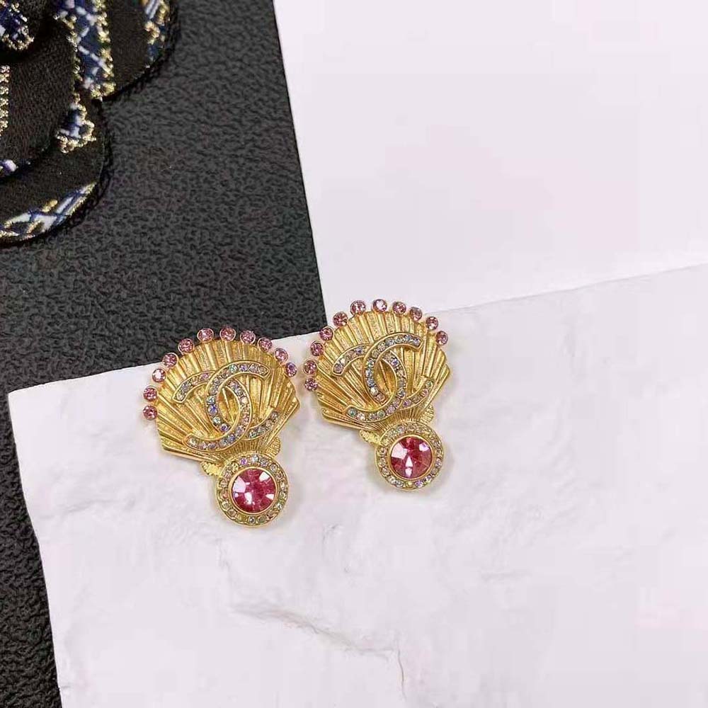 Chanel Women Clip-on Earrings in Gold Pink & Iridescent Crystal (2)