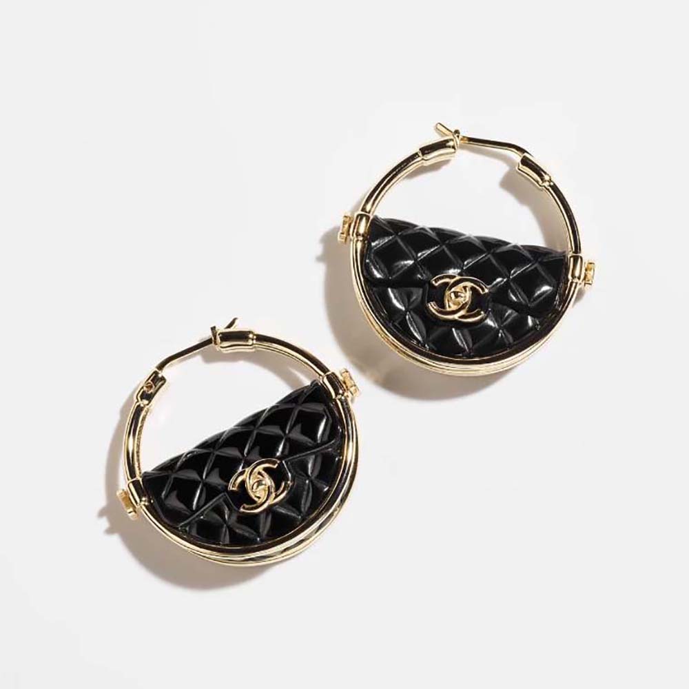 Chanel Women Hoop Earrings Metal Resin-Black (1)