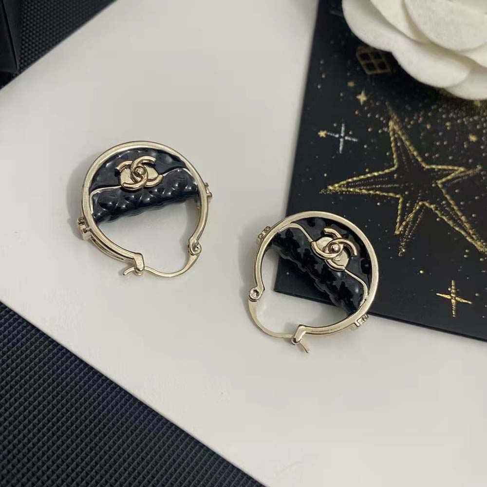 Chanel Women Hoop Earrings Metal Resin-Black (2)