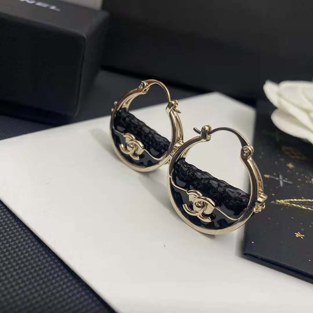 Chanel Women Hoop Earrings Metal Resin-Black (6)