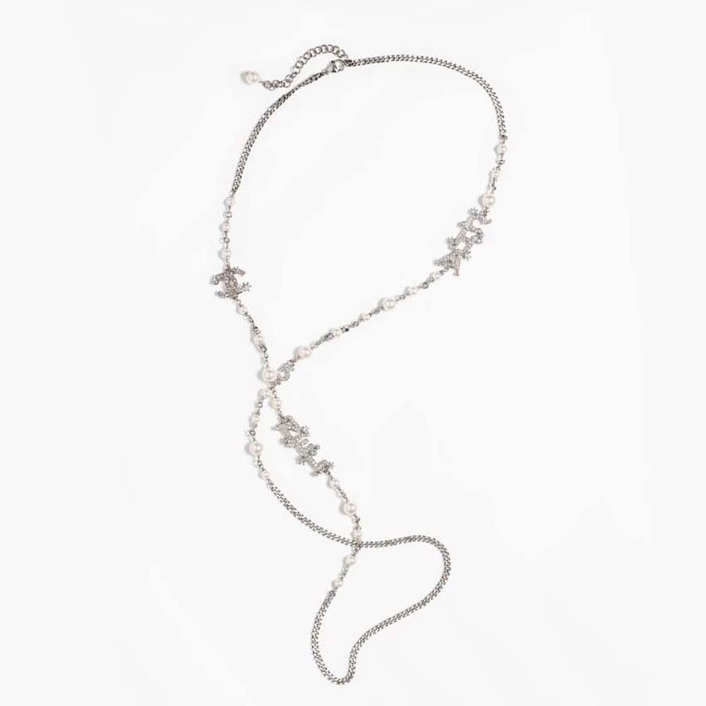 Chanel Women Long Necklace in Silver Pearly White & Crystal