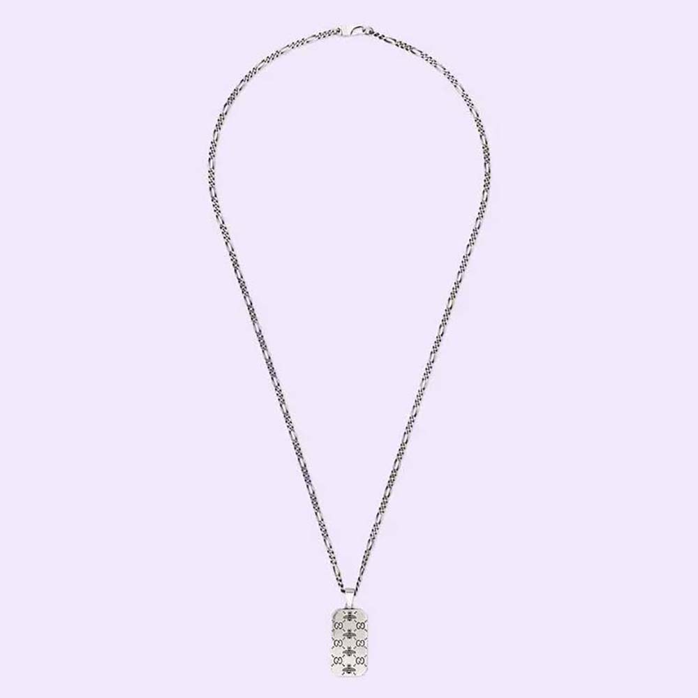 Gucci Women GG and Bee Engraved Pendant Necklace in Silver