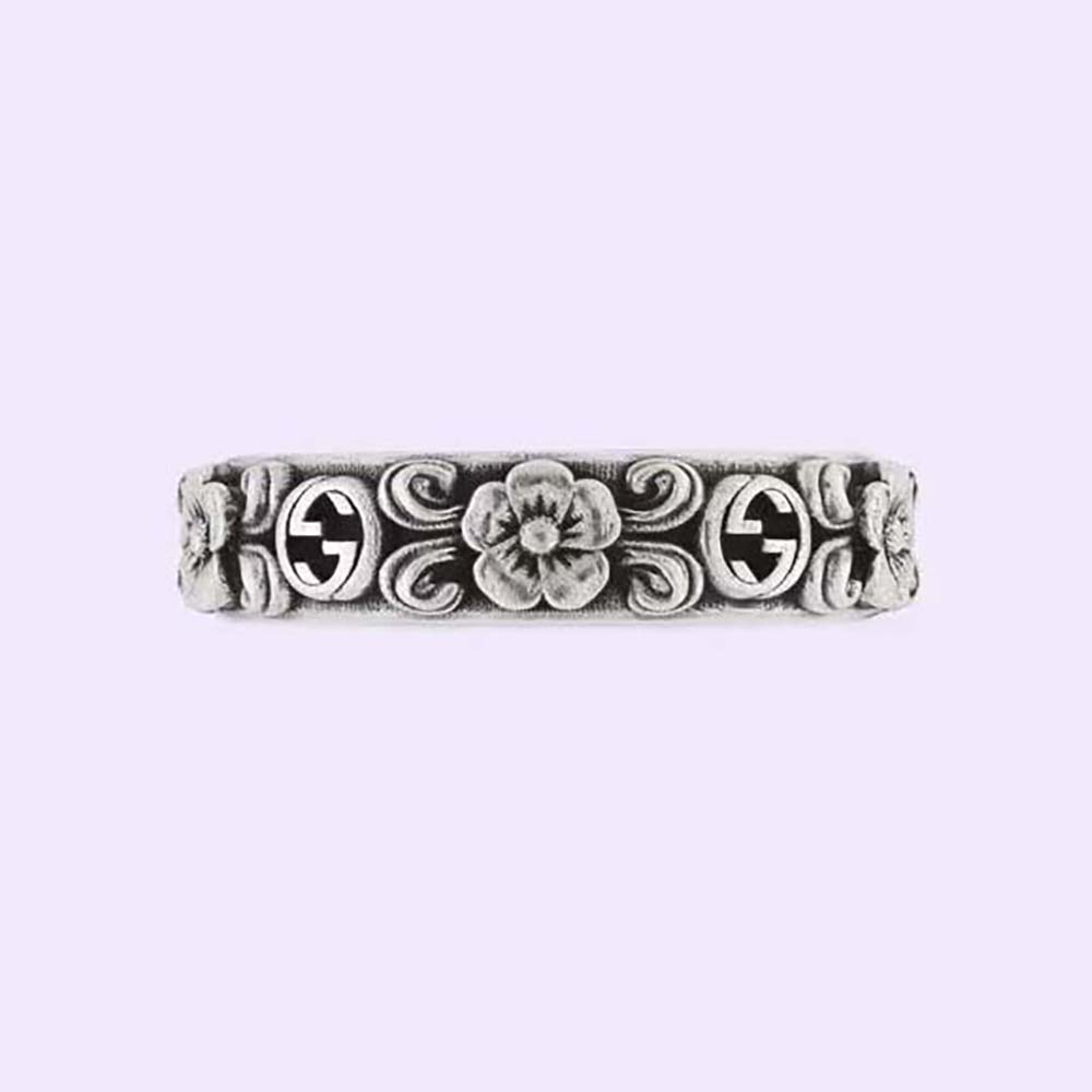 Gucci Women Interlocking G and Flower Ring in Silver