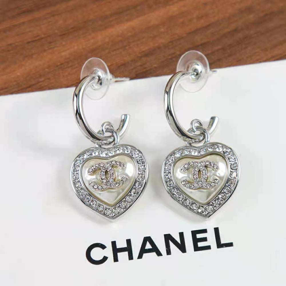 Chanel Women Pendant Earrings in Metal & Strass-White (2)