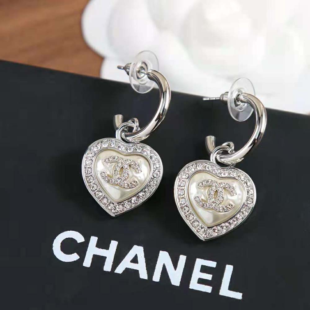 Chanel Women Pendant Earrings in Metal & Strass-White (6)