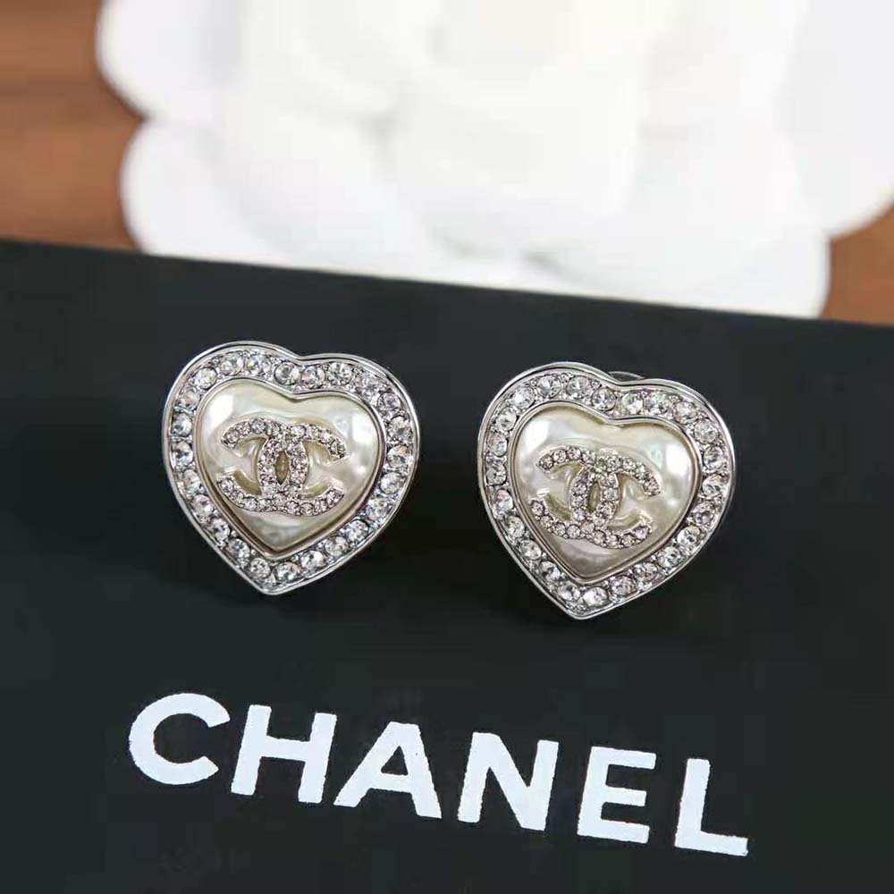 Chanel Women Stud Earrings in Metal & Strass-White (2)