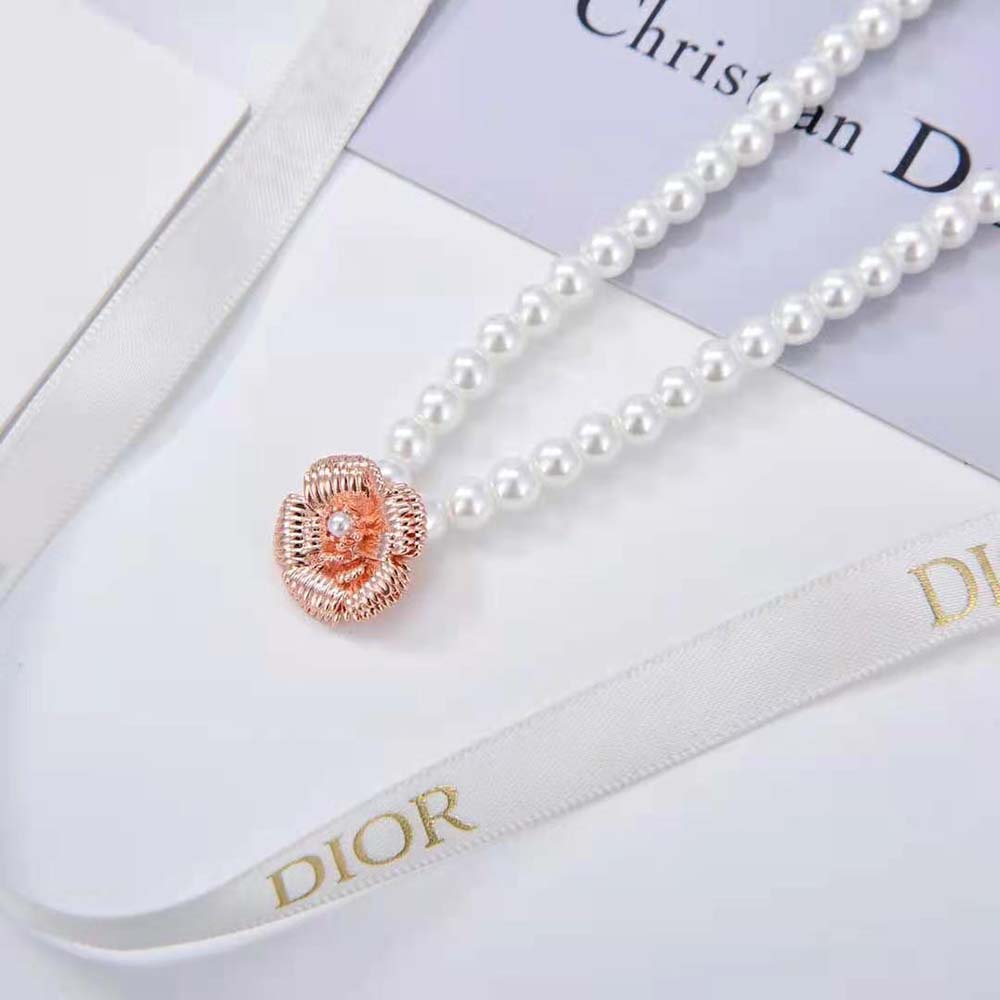 Dior Women D-Millefiori Necklace Matte Pink-Finish Metal and White Resin Pearls (4)